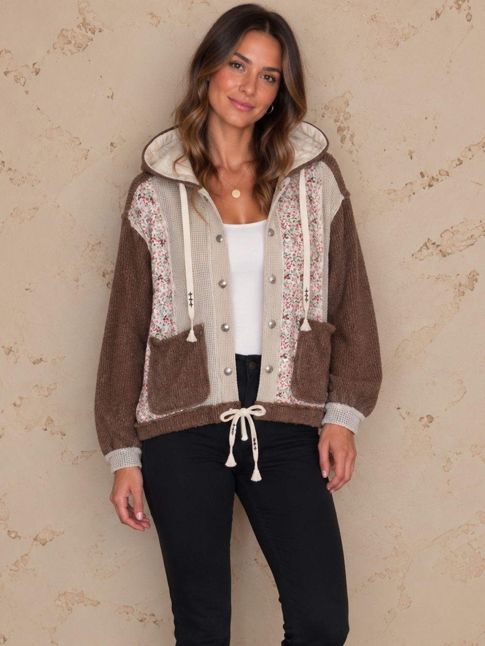 POL Floral Quilted Patchwork Waffle Knit Thermal Hoodie Shacket Jacket Medium M